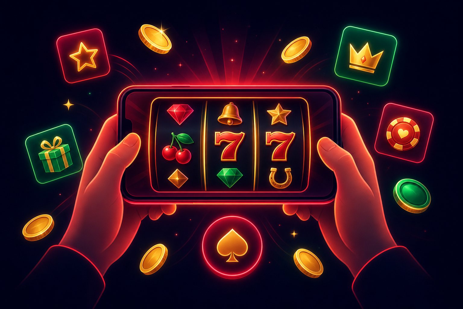 Ilustrasi ponsel dengan gulungan slot ceri, lemon, dan semangka