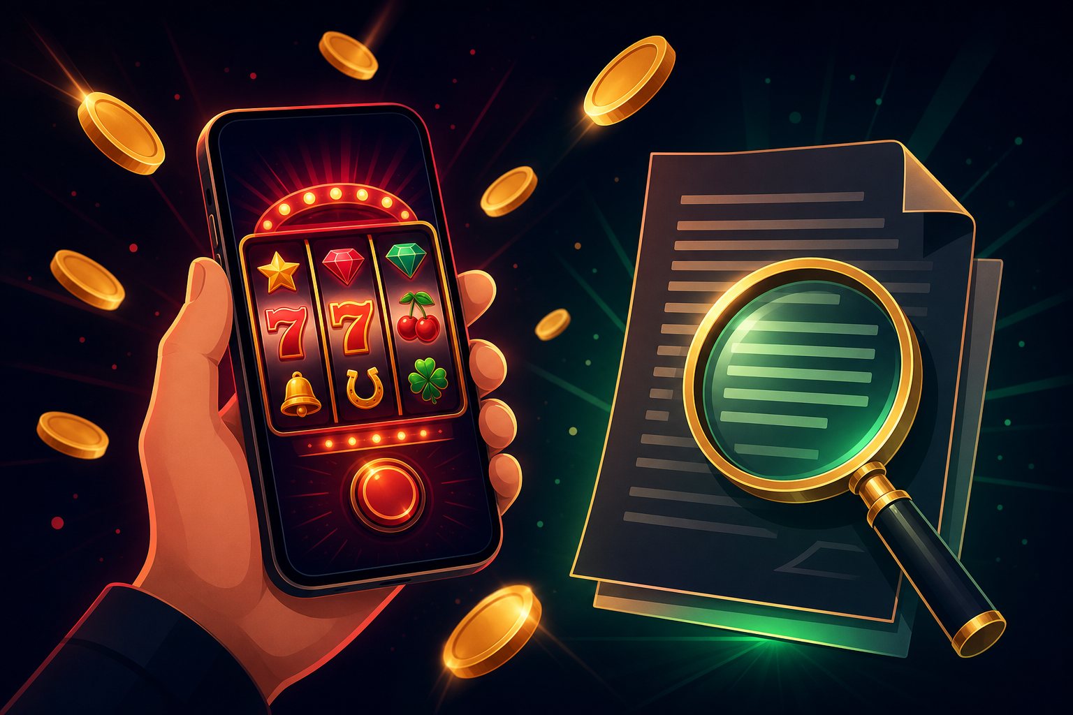 Ilustrasi ponsel dengan gulungan slot dan koin untuk artikel membaca syarat promo