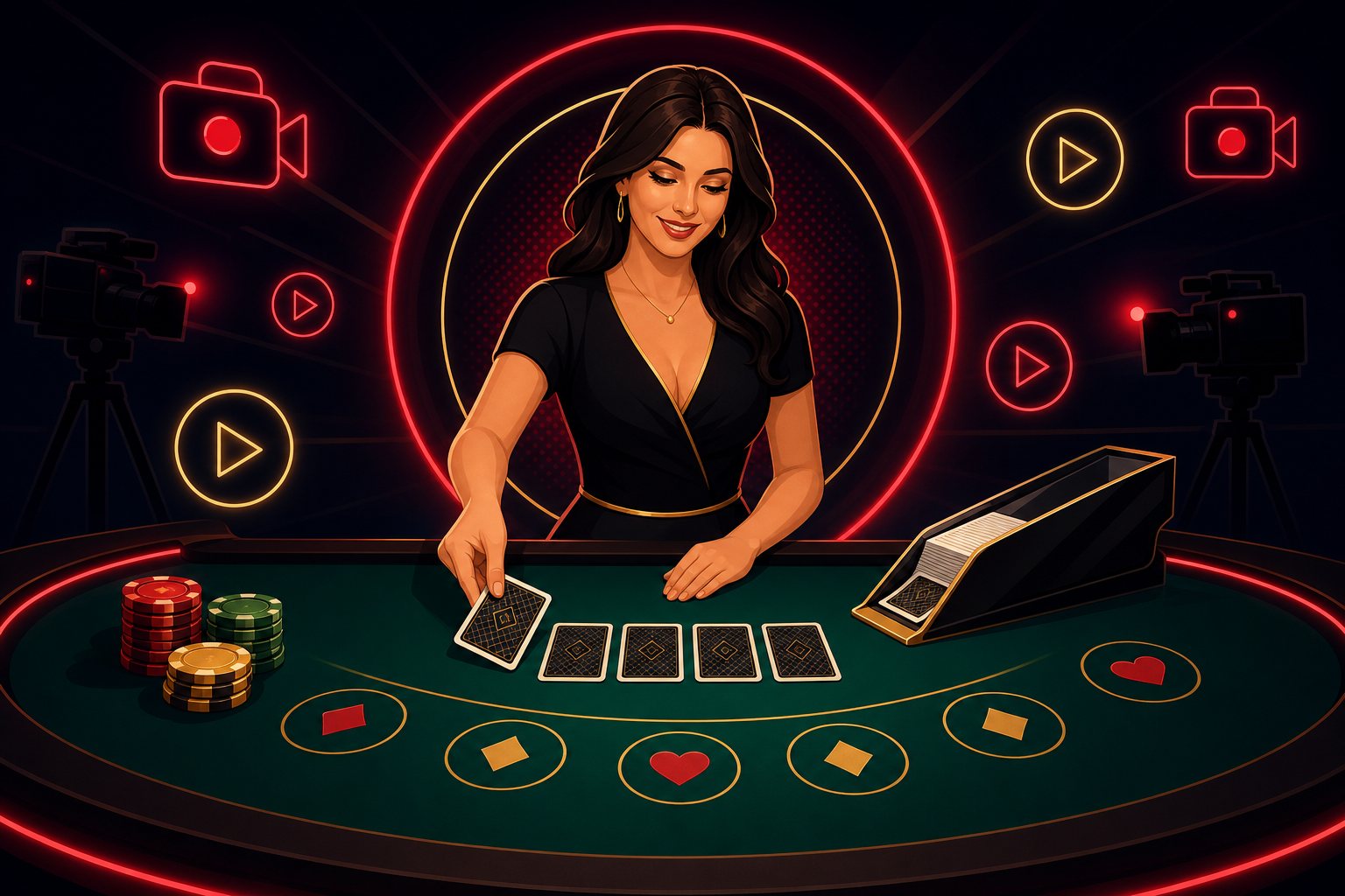 Ilustrasi meja roulette dengan bola dan dadu untuk panduan kasino langsung