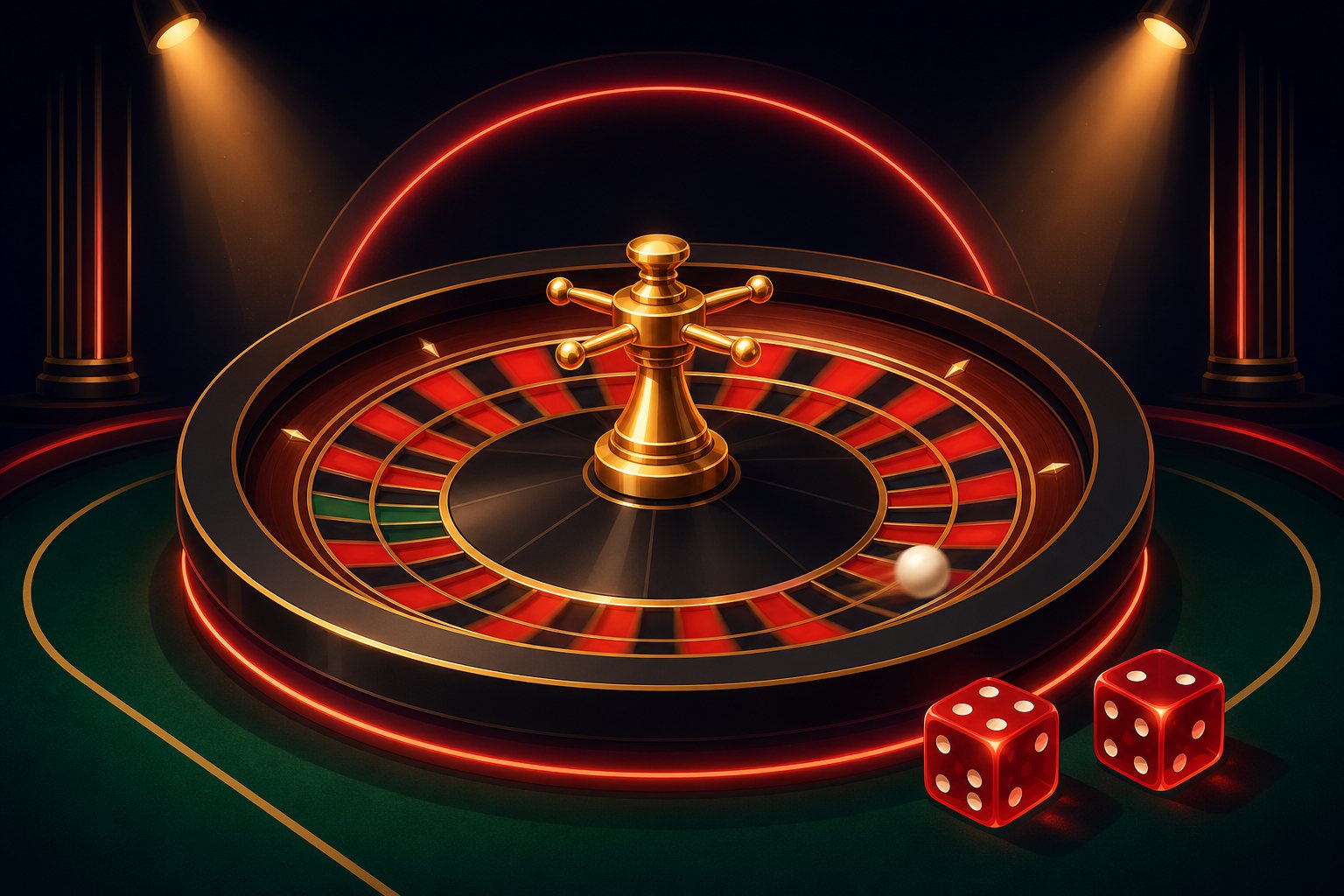 Ilustrasi roda roulette dan dadu di meja kasino langsung