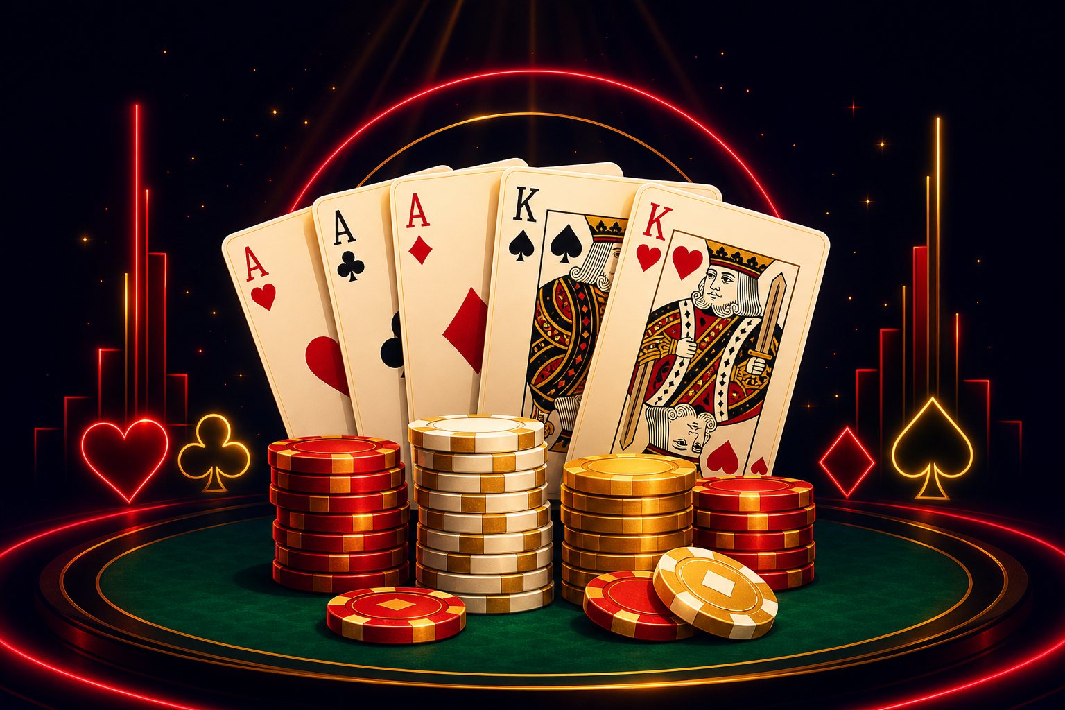Ilustrasi kartu poker dan tumpukan chip di meja hijau