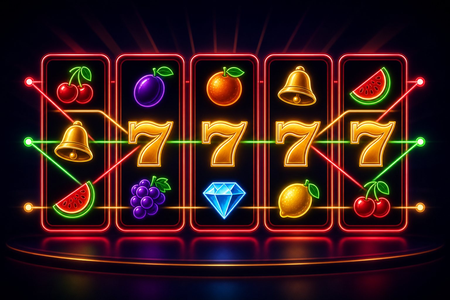 Ilustrasi lima gulungan slot online dengan simbol tujuh, BAR, ceri, bel, dan berlian