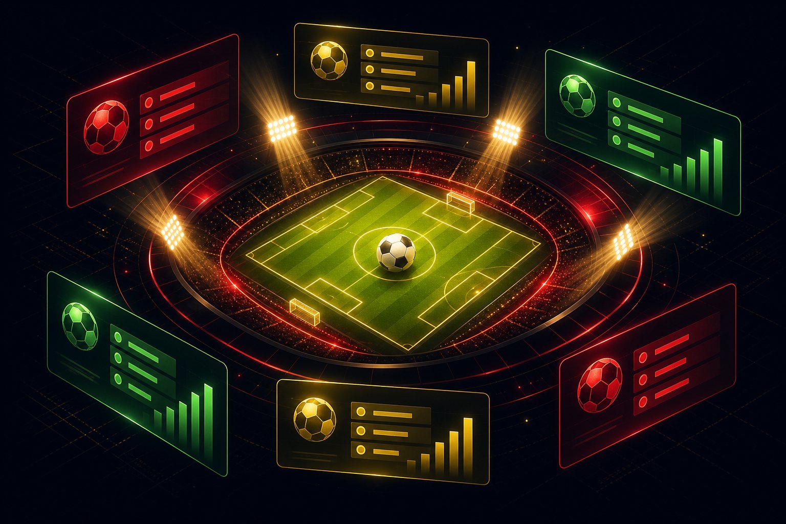 Ilustrasi lapangan sepak bola dengan papan odds dan bola putih