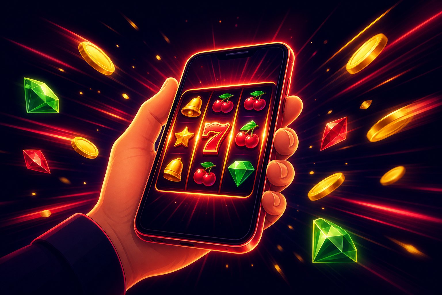 Ilustrasi ponsel dengan gulungan slot berwarna dan tombol putar