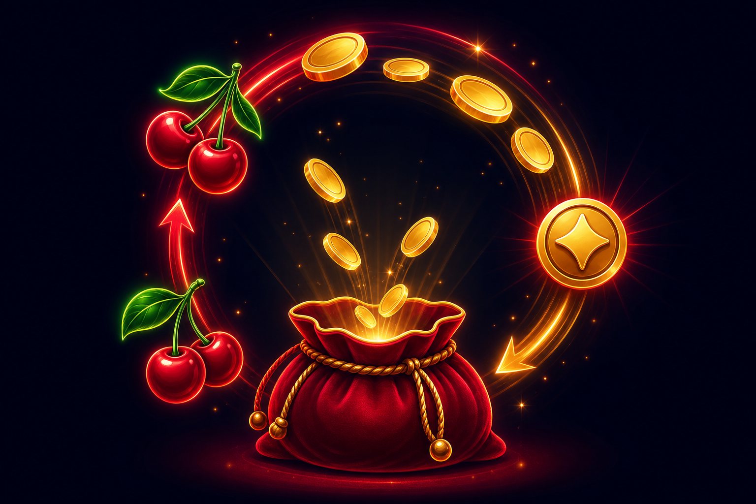 Ilustrasi koin dan ceri dengan tema cashback mingguan