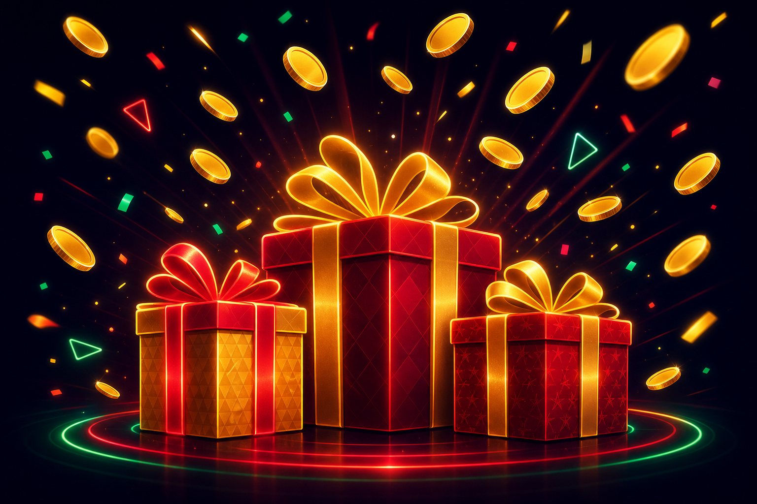 Ilustrasi kotak hadiah dan hujan koin bertema promo